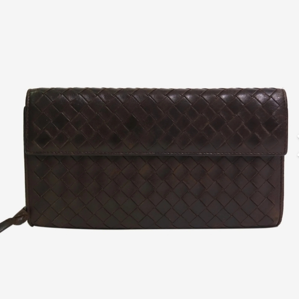 Bottega Veneta Brown intrecciato leather flap wallet vintage